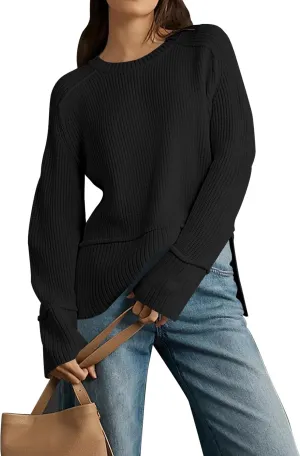 Cakulo Womens Fall 2025 Knit Crew Neck Pullover Sweaters Oversized Long Sleeve Split Casual Winter Ribbed Sweater