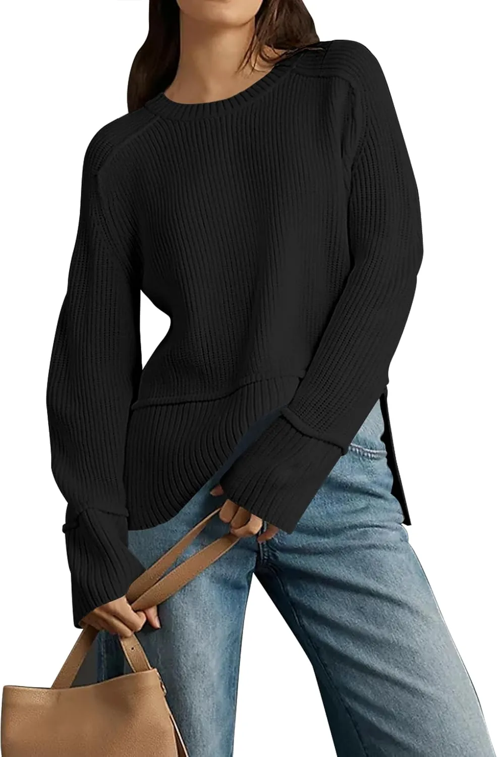 Cakulo Womens Fall 2025 Knit Crew Neck Pullover Sweaters Oversized Long Sleeve Split Casual Winter Ribbed Sweater