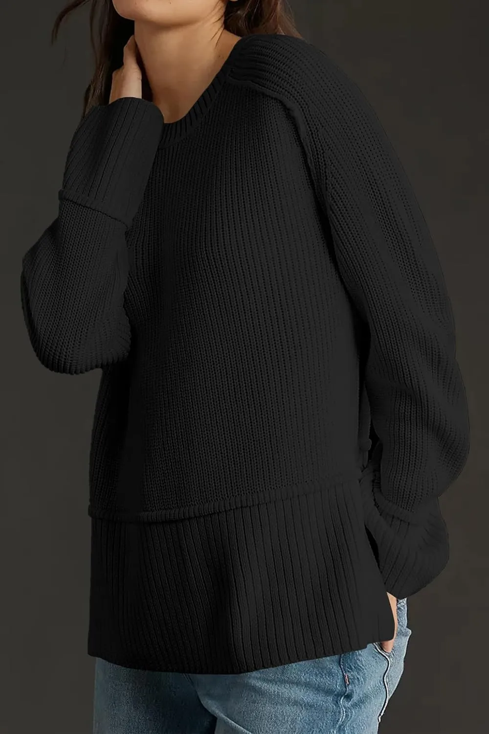 Cakulo Womens Fall 2025 Knit Crew Neck Pullover Sweaters Oversized Long Sleeve Split Casual Winter Ribbed Sweater