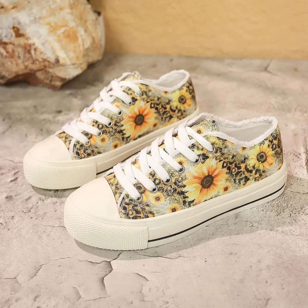 Canvas Low Top Sneakers, Sunflower Print Pattern, White Laces, Platform Sole
