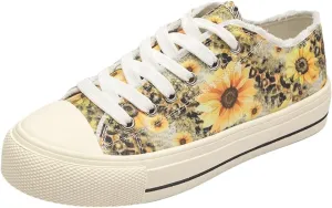 Canvas Low Top Sneakers, Sunflower Print Pattern, White Laces, Platform Sole