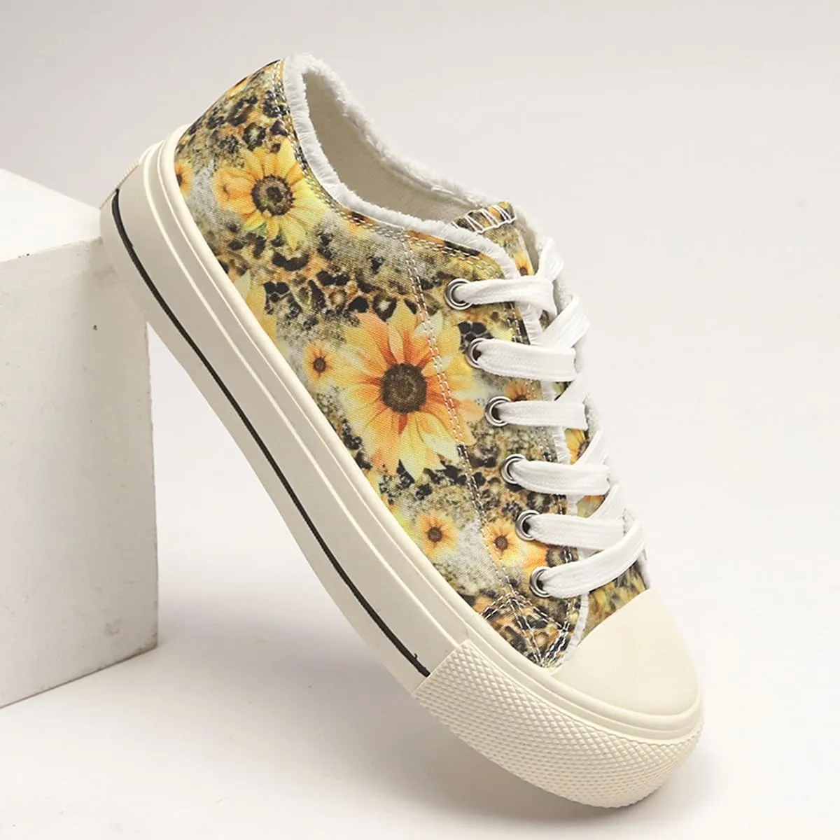 Canvas Low Top Sneakers, Sunflower Print Pattern, White Laces, Platform Sole