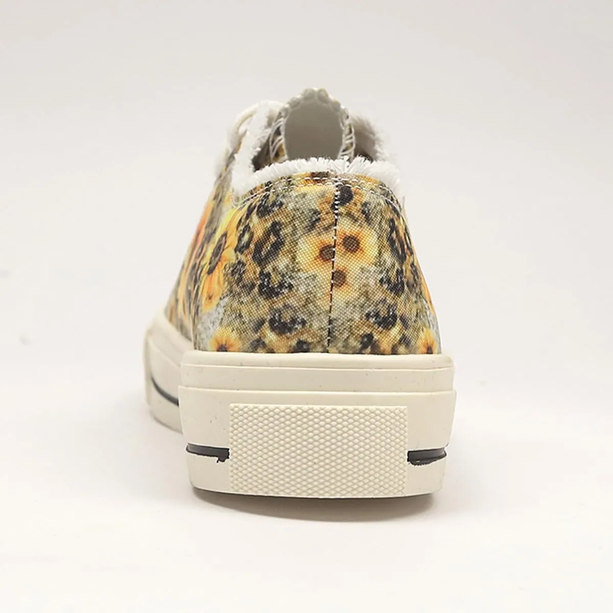 Canvas Low Top Sneakers, Sunflower Print Pattern, White Laces, Platform Sole