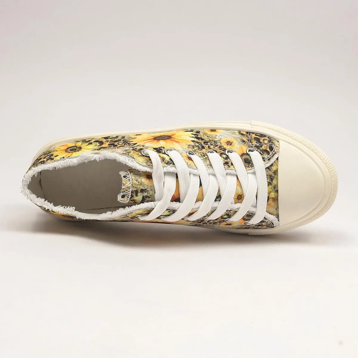 Canvas Low Top Sneakers, Sunflower Print Pattern, White Laces, Platform Sole