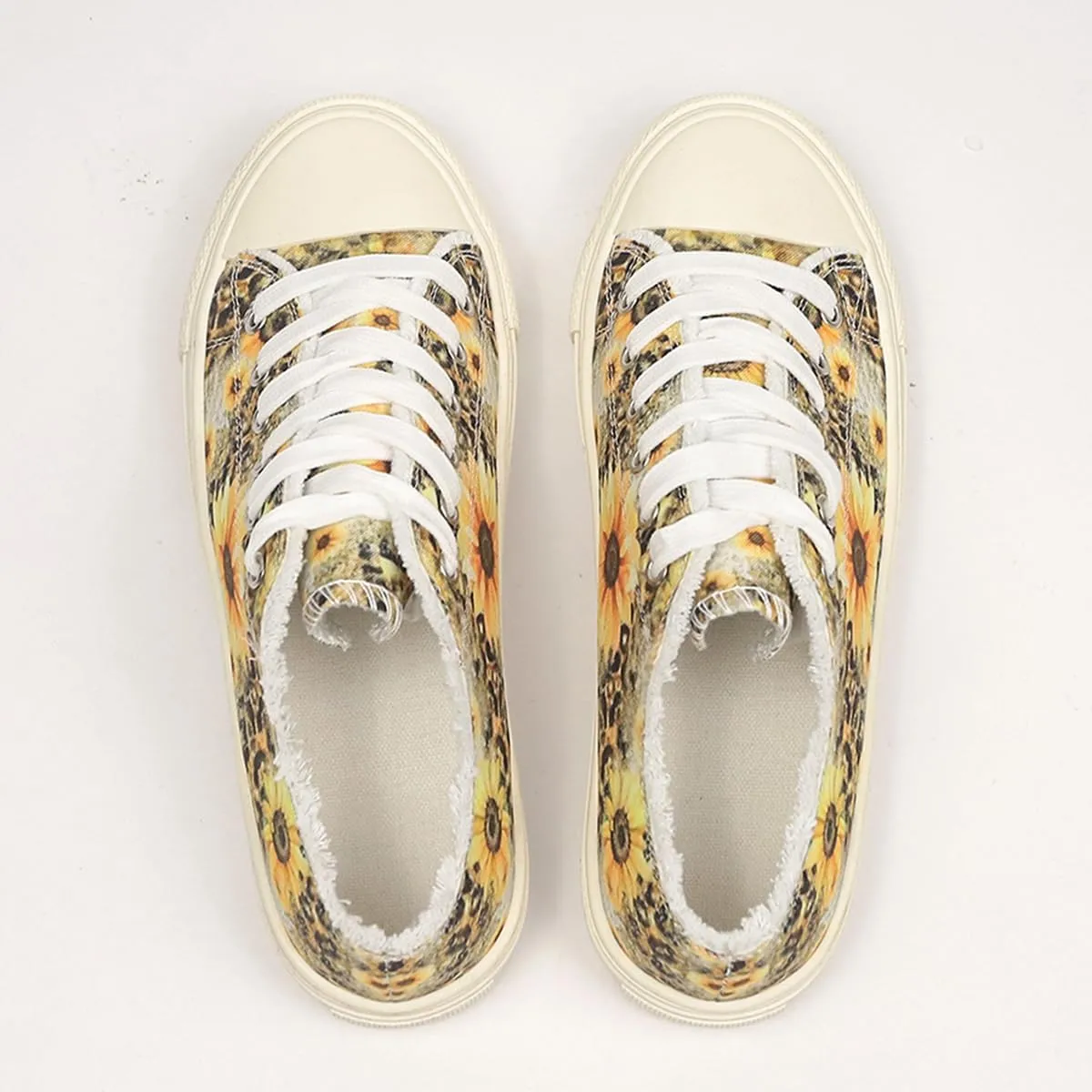 Canvas Low Top Sneakers, Sunflower Print Pattern, White Laces, Platform Sole