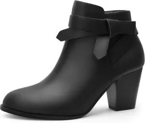 Carcuume Ankle Boots for Women,Ankle Tie Knot,Side Zipper,Round Toe,Chunky Heels,Boots for Women