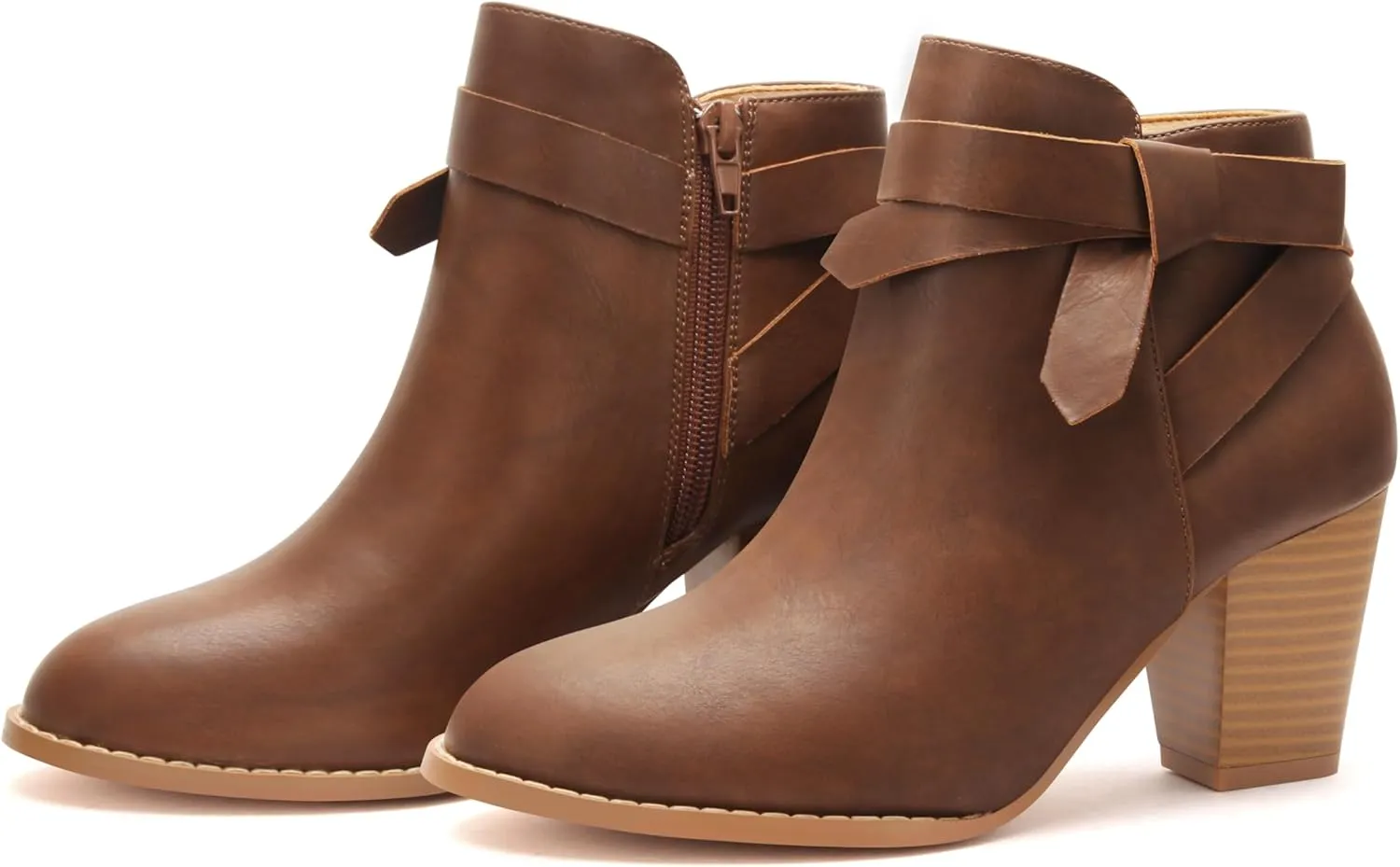 Carcuume Ankle Boots for Women,Ankle Tie Knot,Side Zipper,Round Toe,Chunky Heels,Boots for Women