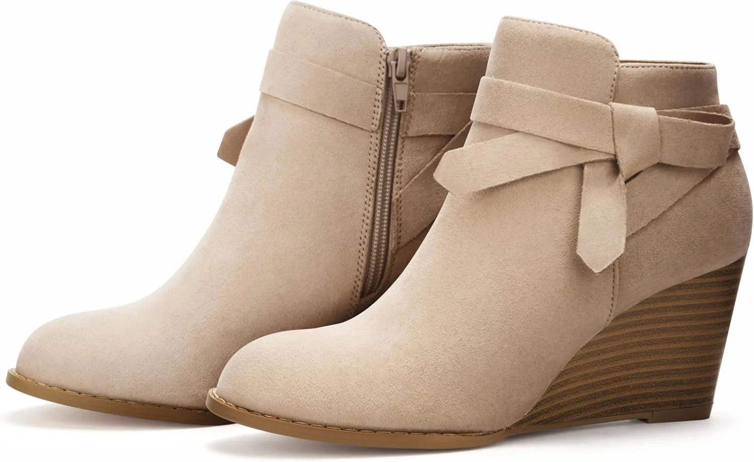 Carcuume Ankle Boots for Women,Ankle Tie Knot,Side Zipper,Round Toe,Chunky Heels,Boots for Women