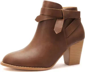 Carcuume Ankle Boots for Women,Ankle Tie Knot,Side Zipper,Round Toe,Chunky Heels,Boots for Women