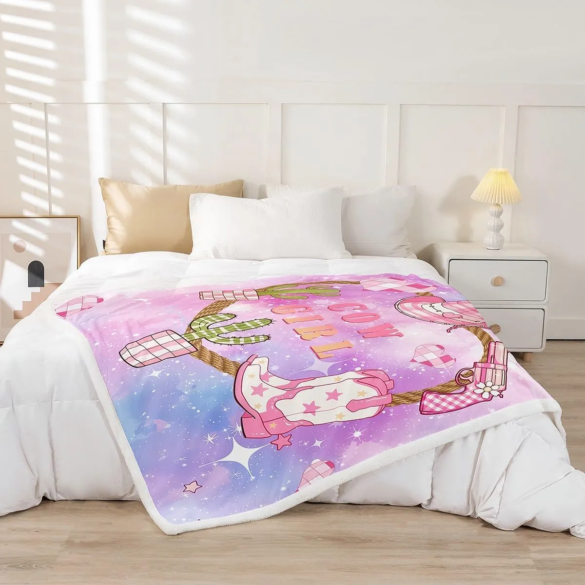 Castle Fairy Pink Cowgirl Kids Flannel Blanket,Western Cowboy Hat Boots Print Fuzzy Blanket for Children,Purple Blue Starry Nebula Galaxy Polyester Throw Blanket for Couch, Twin Size (60 x 80 Inch)