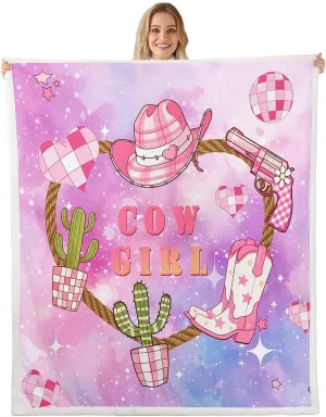 Castle Fairy Pink Cowgirl Kids Flannel Blanket,Western Cowboy Hat Boots Print Fuzzy Blanket for Children,Purple Blue Starry Nebula Galaxy Polyester Throw Blanket for Couch, Twin Size (60 x 80 Inch)