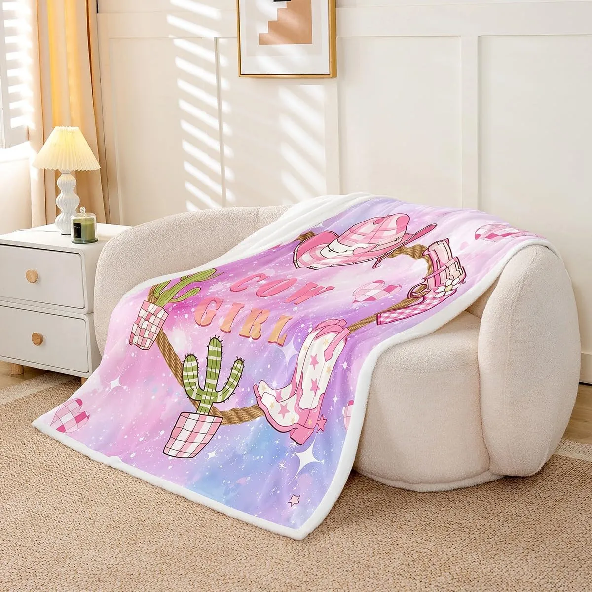 Castle Fairy Pink Cowgirl Kids Flannel Blanket,Western Cowboy Hat Boots Print Fuzzy Blanket for Children,Purple Blue Starry Nebula Galaxy Polyester Throw Blanket for Couch, Twin Size (60 x 80 Inch)