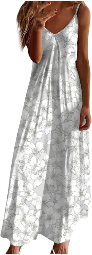 Ceboyel Summer Sundresses for Women 2024 Trendy Casual Floral Sun Dresses Spaghetti Strap Beach Maxi Dress Vacation Outfits