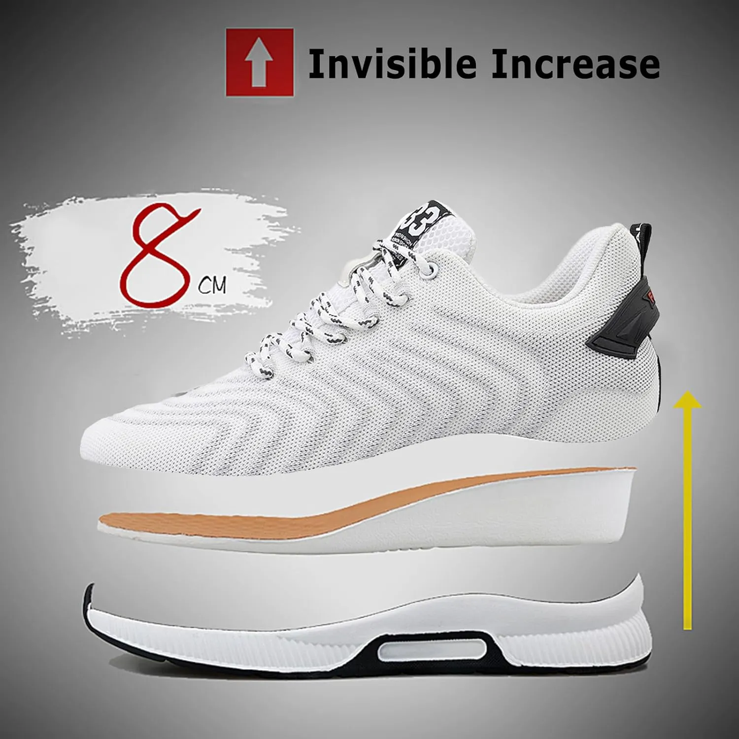 CERYTHRINA Men Elevator Sneakers Invisible Height Increasing Elevator Shoes Sports Shoes 2.36 Inches Breathable Lace up Sneakers