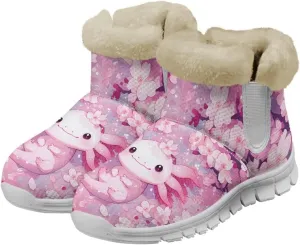chaqlin Axolotl Snow Boots Winter Ankle Warm Boots Non Slip Sole for Women Wide Casual Outdoor Work Boots Soft Flannel Plush Lightweight Flat Heels Boots