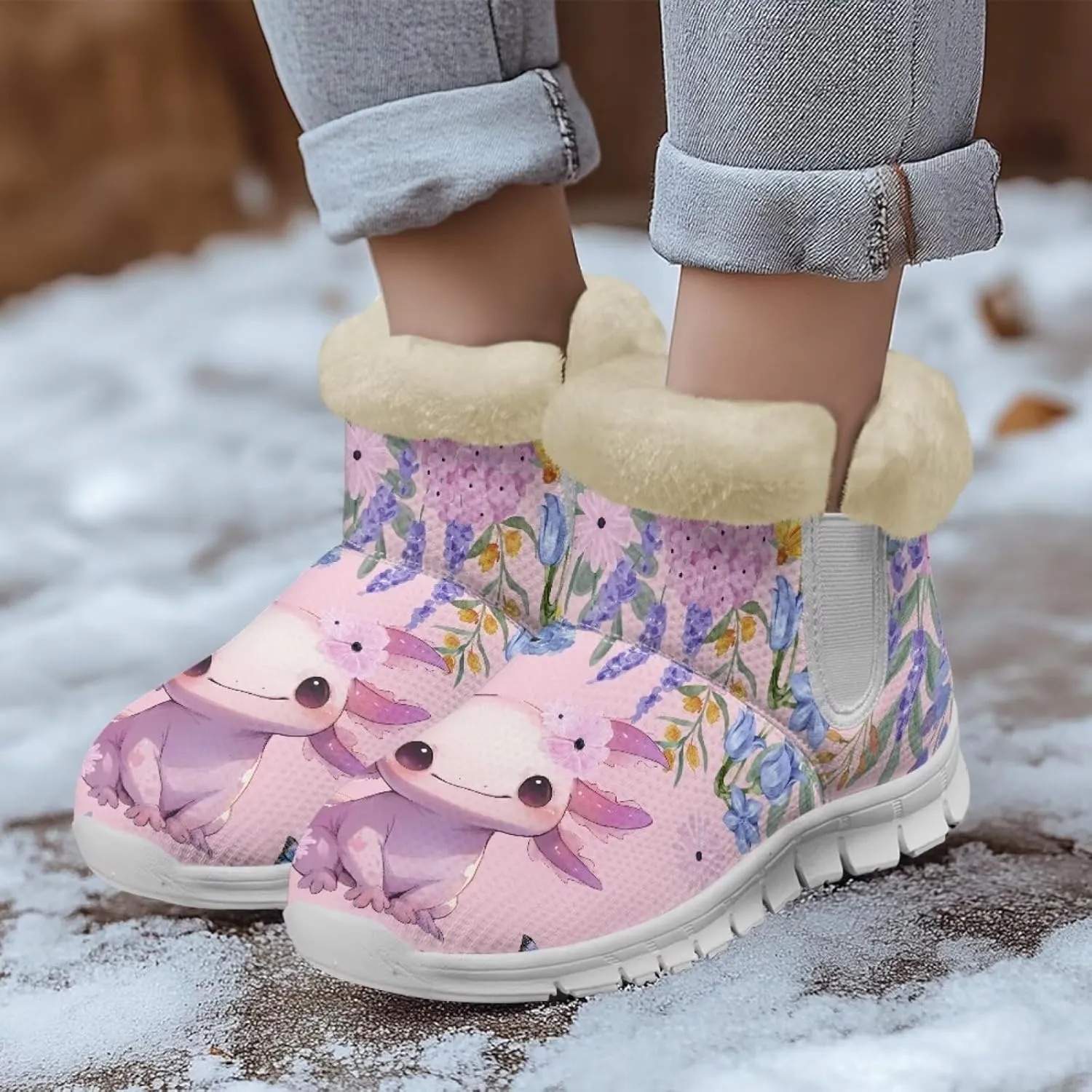 chaqlin Axolotl Snow Boots Winter Ankle Warm Boots Non Slip Sole for Women Wide Casual Outdoor Work Boots Soft Flannel Plush Lightweight Flat Heels Boots