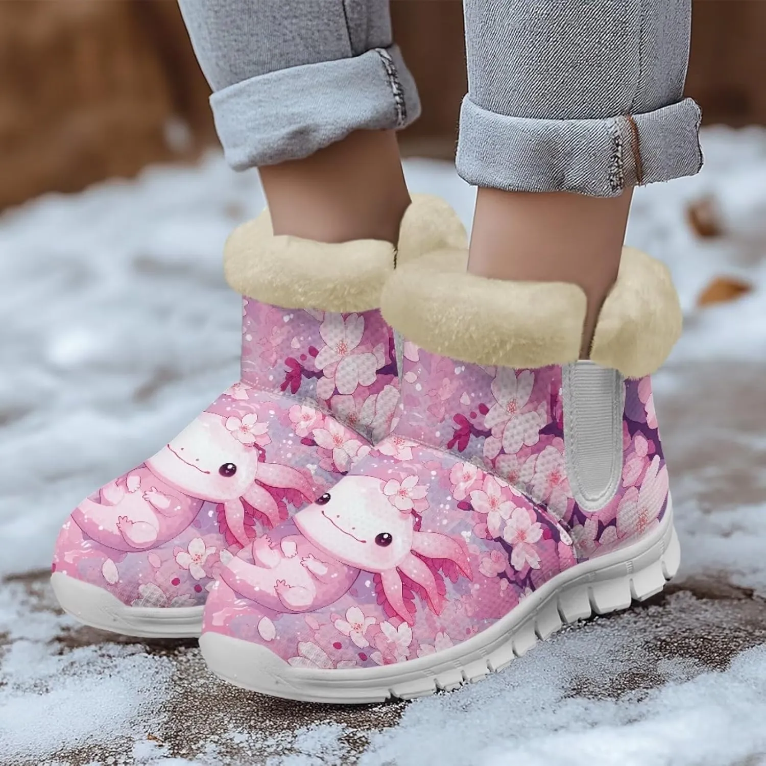 chaqlin Axolotl Snow Boots Winter Ankle Warm Boots Non Slip Sole for Women Wide Casual Outdoor Work Boots Soft Flannel Plush Lightweight Flat Heels Boots
