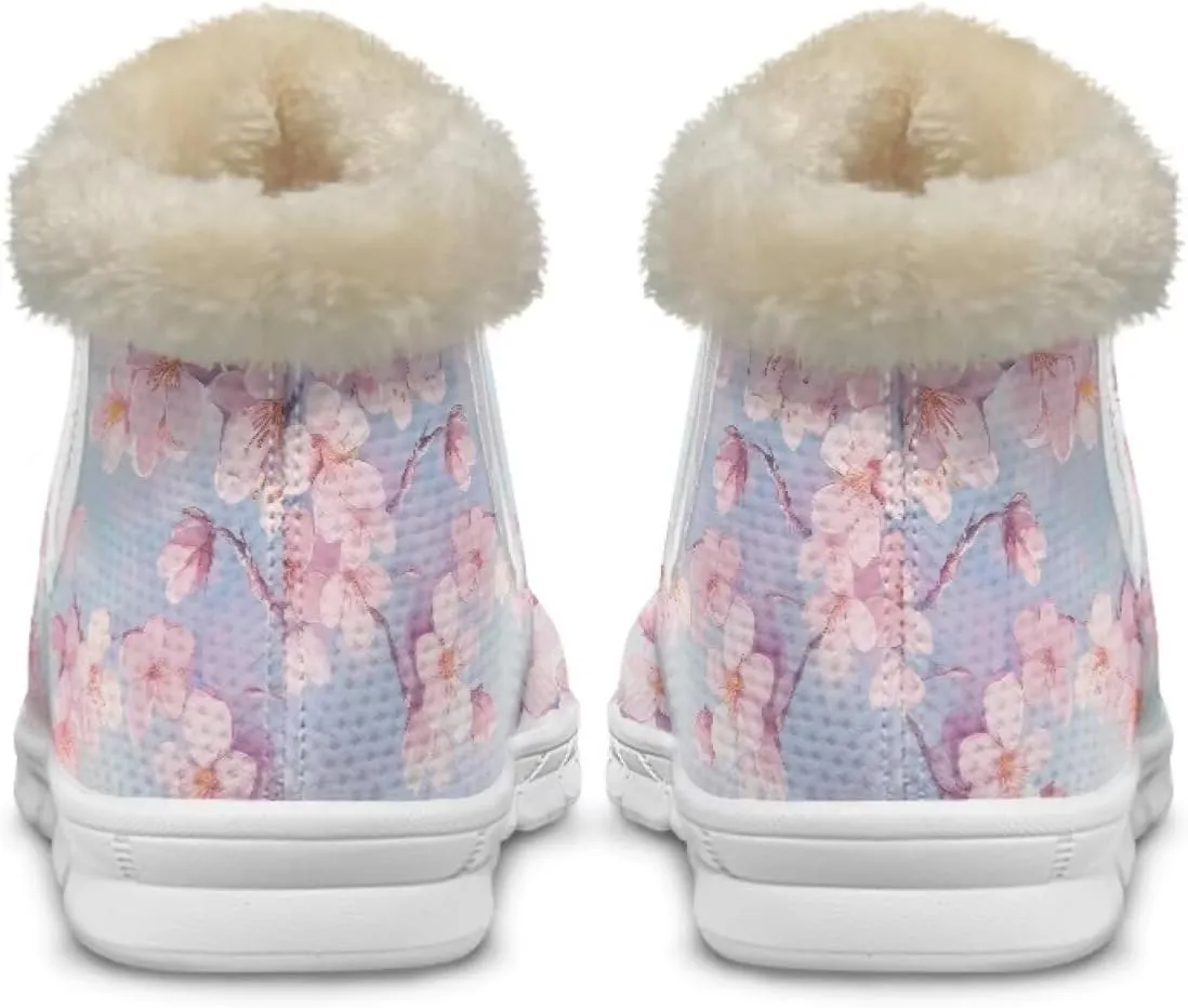 chaqlin Cherry Blossom Snow Boots Winter Ankle Boots for Women Flat Heels Resistant Slip Lightweight Flannel Plush Boots Casual Outdoor Backpacking