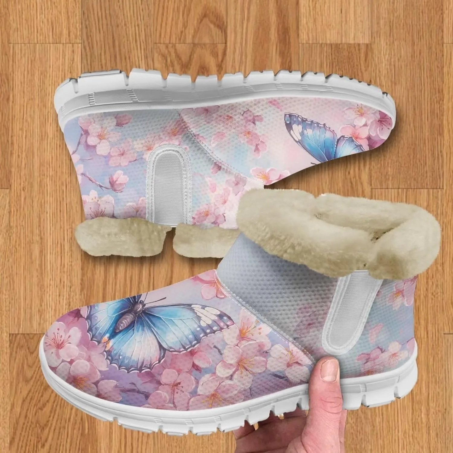 chaqlin Cherry Blossom Snow Boots Winter Ankle Boots for Women Flat Heels Resistant Slip Lightweight Flannel Plush Boots Casual Outdoor Backpacking
