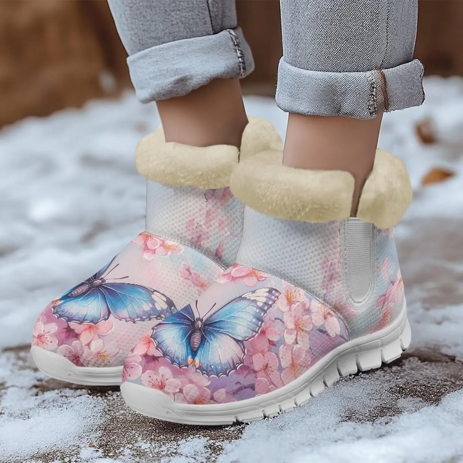 chaqlin Cherry Blossom Snow Boots Winter Ankle Boots for Women Flat Heels Resistant Slip Lightweight Flannel Plush Boots Casual Outdoor Backpacking