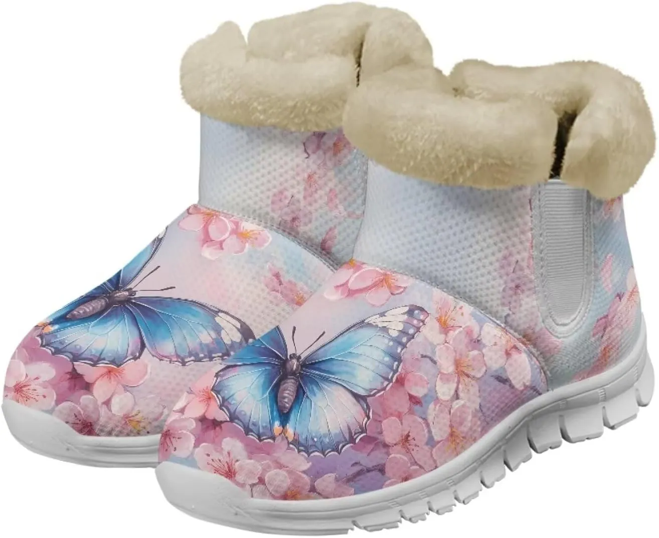 chaqlin Cherry Blossom Snow Boots Winter Ankle Boots for Women Flat Heels Resistant Slip Lightweight Flannel Plush Boots Casual Outdoor Backpacking