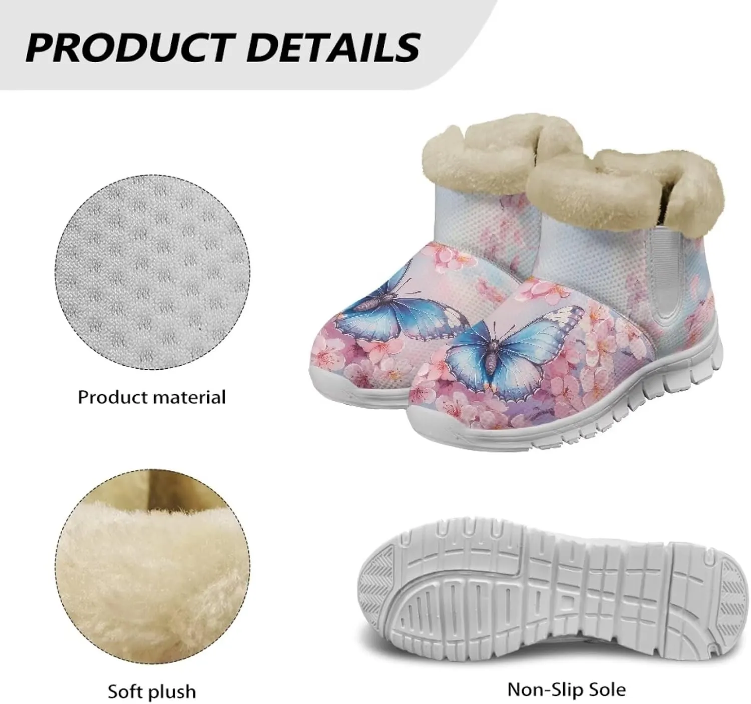 chaqlin Cherry Blossom Snow Boots Winter Ankle Boots for Women Flat Heels Resistant Slip Lightweight Flannel Plush Boots Casual Outdoor Backpacking