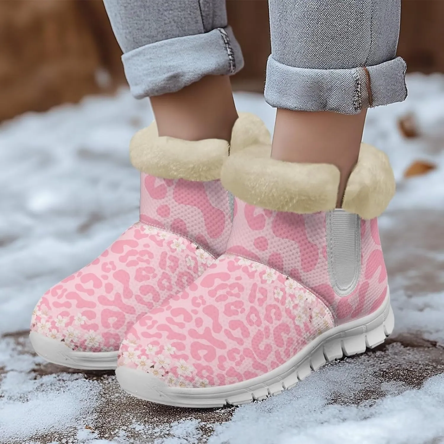 chaqlin Cherry Blossom Snow Boots Winter Ankle Boots for Women Flat Heels Resistant Slip Lightweight Flannel Plush Boots Casual Outdoor Backpacking