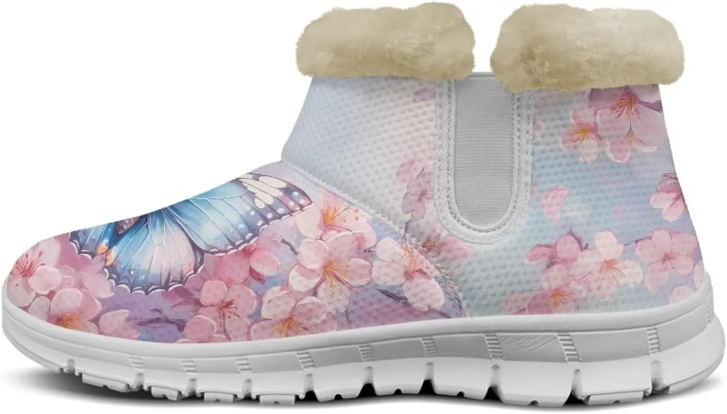 chaqlin Cherry Blossom Snow Boots Winter Ankle Boots for Women Flat Heels Resistant Slip Lightweight Flannel Plush Boots Casual Outdoor Backpacking
