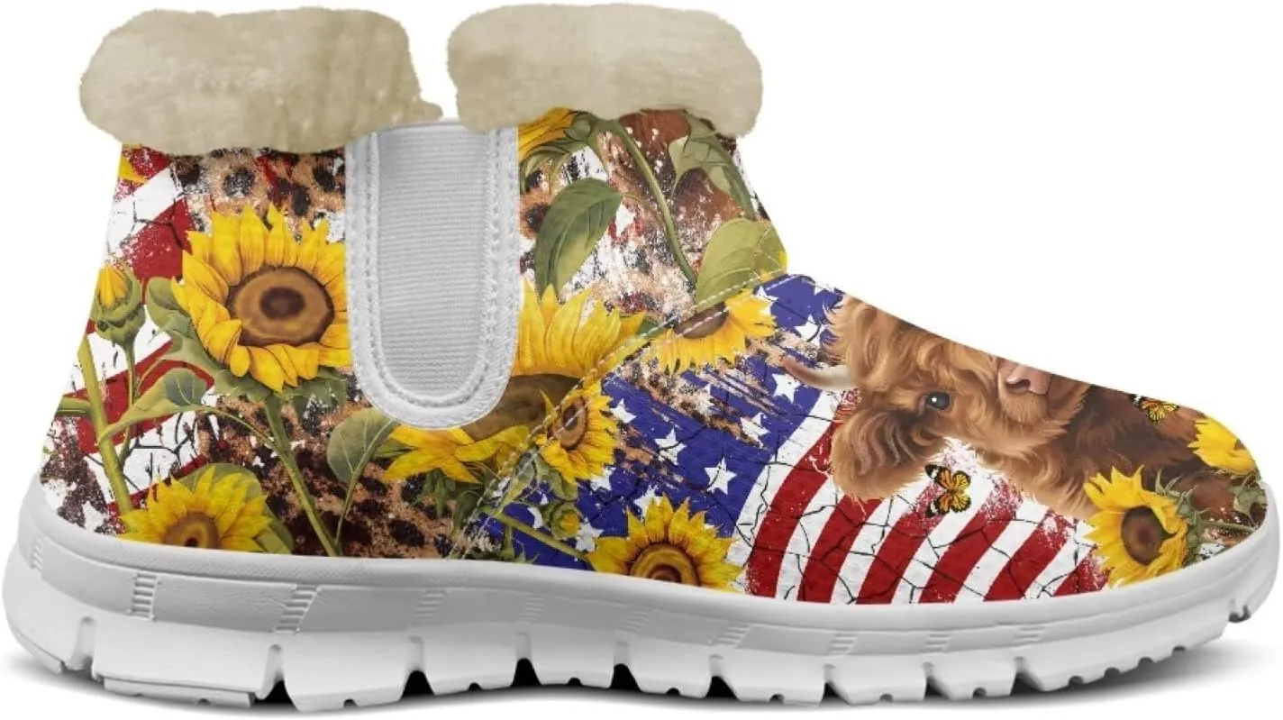 chaqlin Sunflower Snow Boots Cow Winter Ankle Anti Slip Boots Womens Flat Heels Slip Resistant Warm Resistant Cold Weat Outdoor Boots