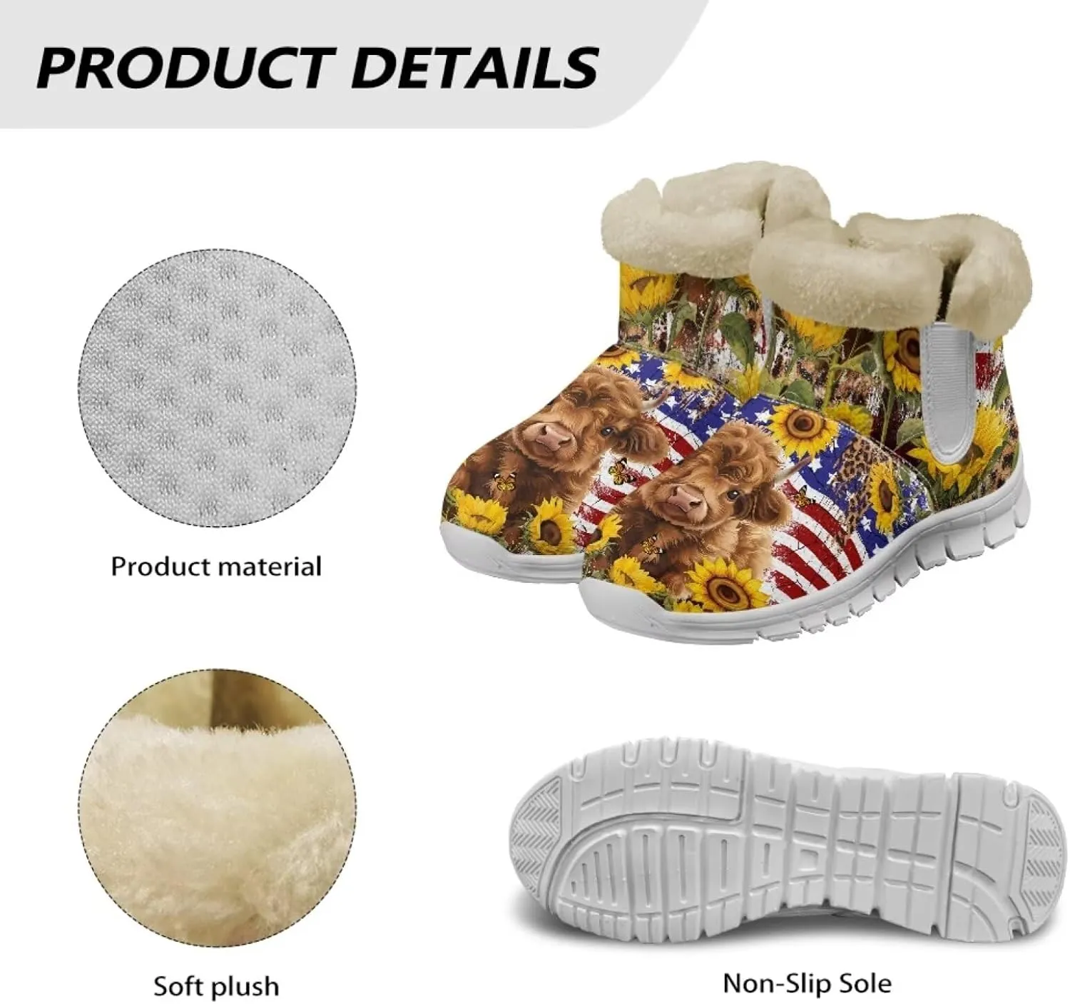 chaqlin Sunflower Snow Boots Cow Winter Ankle Anti Slip Boots Womens Flat Heels Slip Resistant Warm Resistant Cold Weat Outdoor Boots