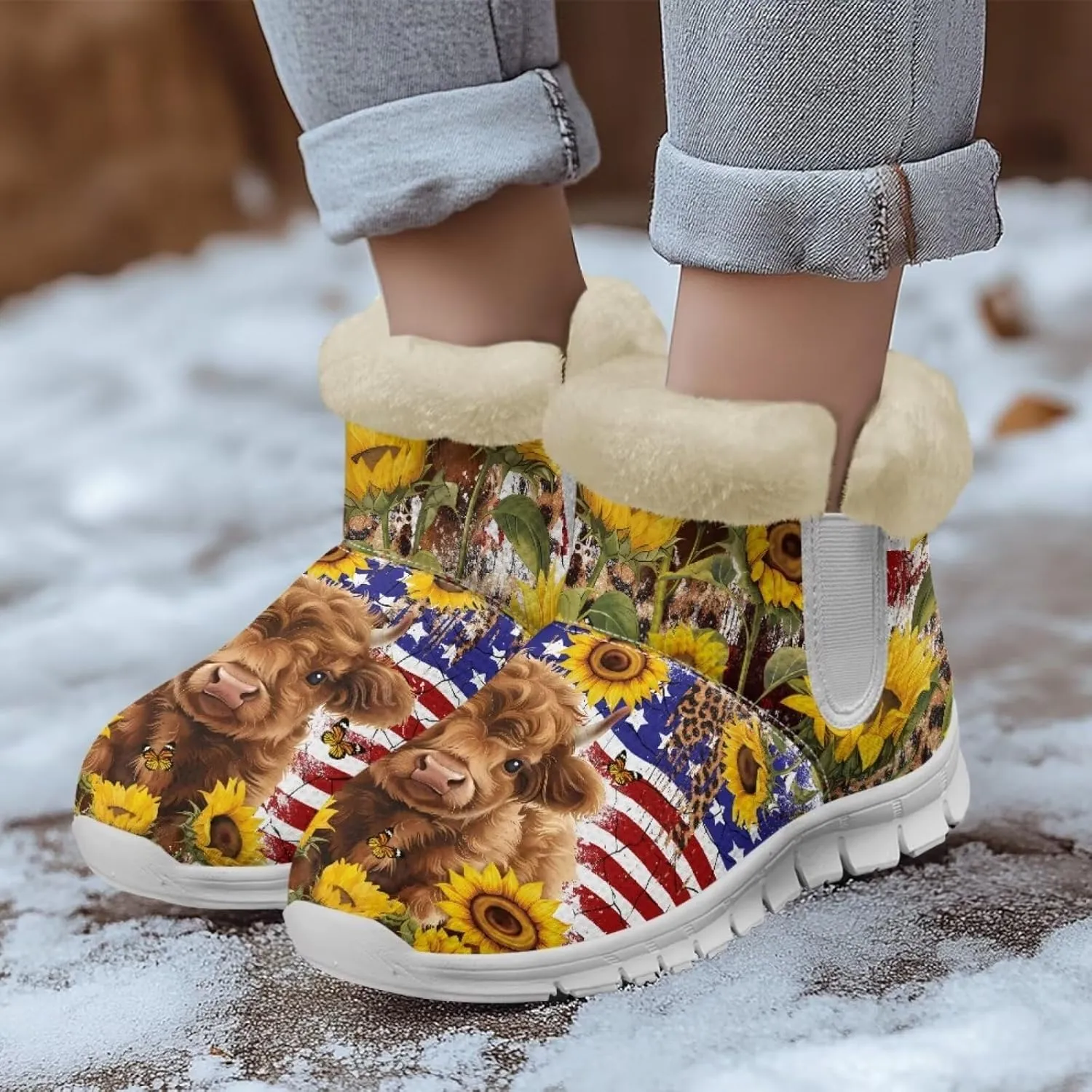 chaqlin Sunflower Snow Boots Cow Winter Ankle Anti Slip Boots Womens Flat Heels Slip Resistant Warm Resistant Cold Weat Outdoor Boots
