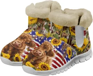 chaqlin Sunflower Snow Boots Cow Winter Ankle Anti Slip Boots Womens Flat Heels Slip Resistant Warm Resistant Cold Weat Outdoor Boots