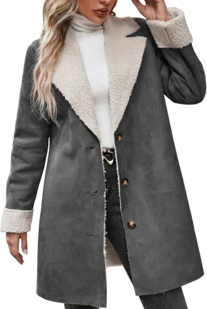 chouyatou Women's Winter Sherpa Lined Faux Suede Leather Jacket Oversized Notch Lapel Mid Long Overcoat