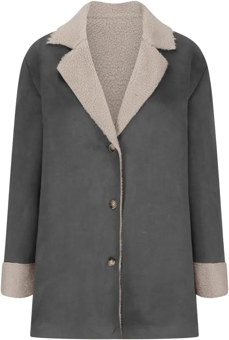 chouyatou Women's Winter Sherpa Lined Faux Suede Leather Jacket Oversized Notch Lapel Mid Long Overcoat