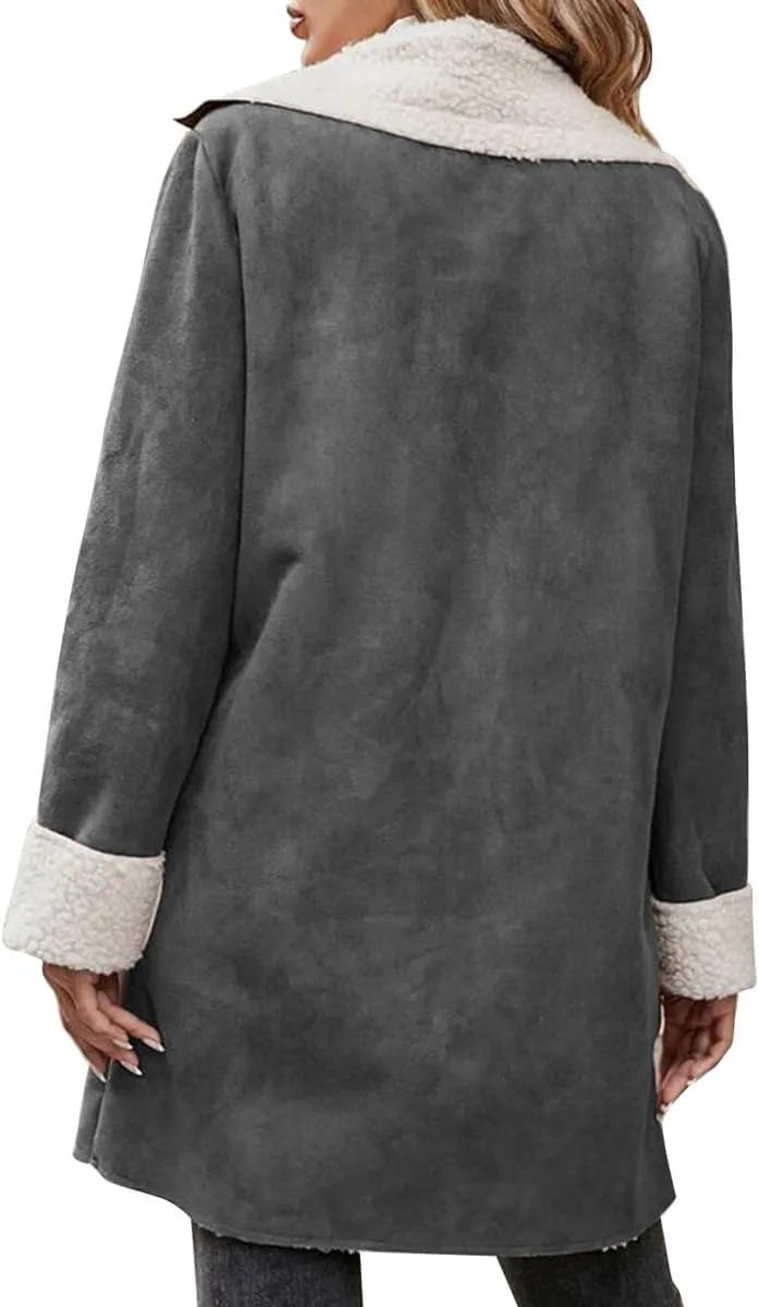 chouyatou Women's Winter Sherpa Lined Faux Suede Leather Jacket Oversized Notch Lapel Mid Long Overcoat