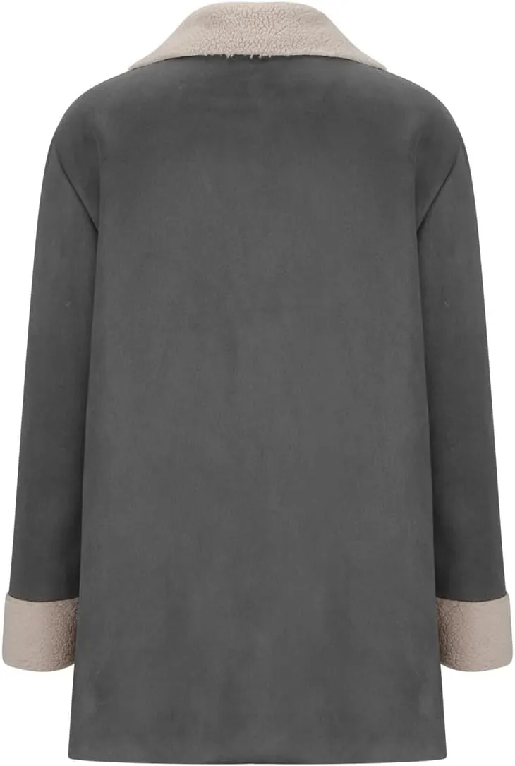 chouyatou Women's Winter Sherpa Lined Faux Suede Leather Jacket Oversized Notch Lapel Mid Long Overcoat