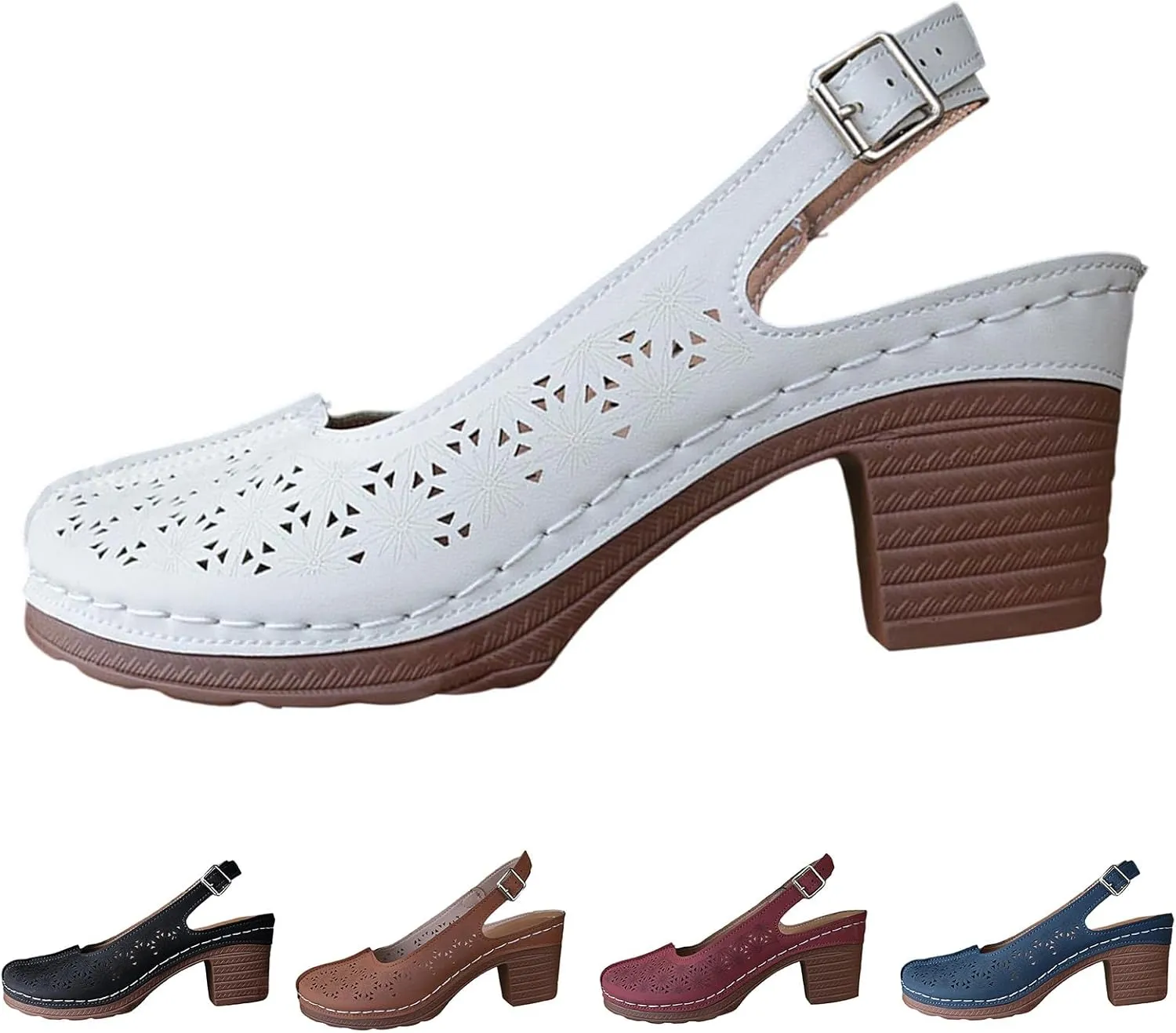 Chunky Heel Sandals for Women Closed Toe Buckle Ankle Strap Heeled Sandals Hollow Out Breathable High Heels, Summer Soft Comfortable Dress Shoes Slip On All Day Comfort