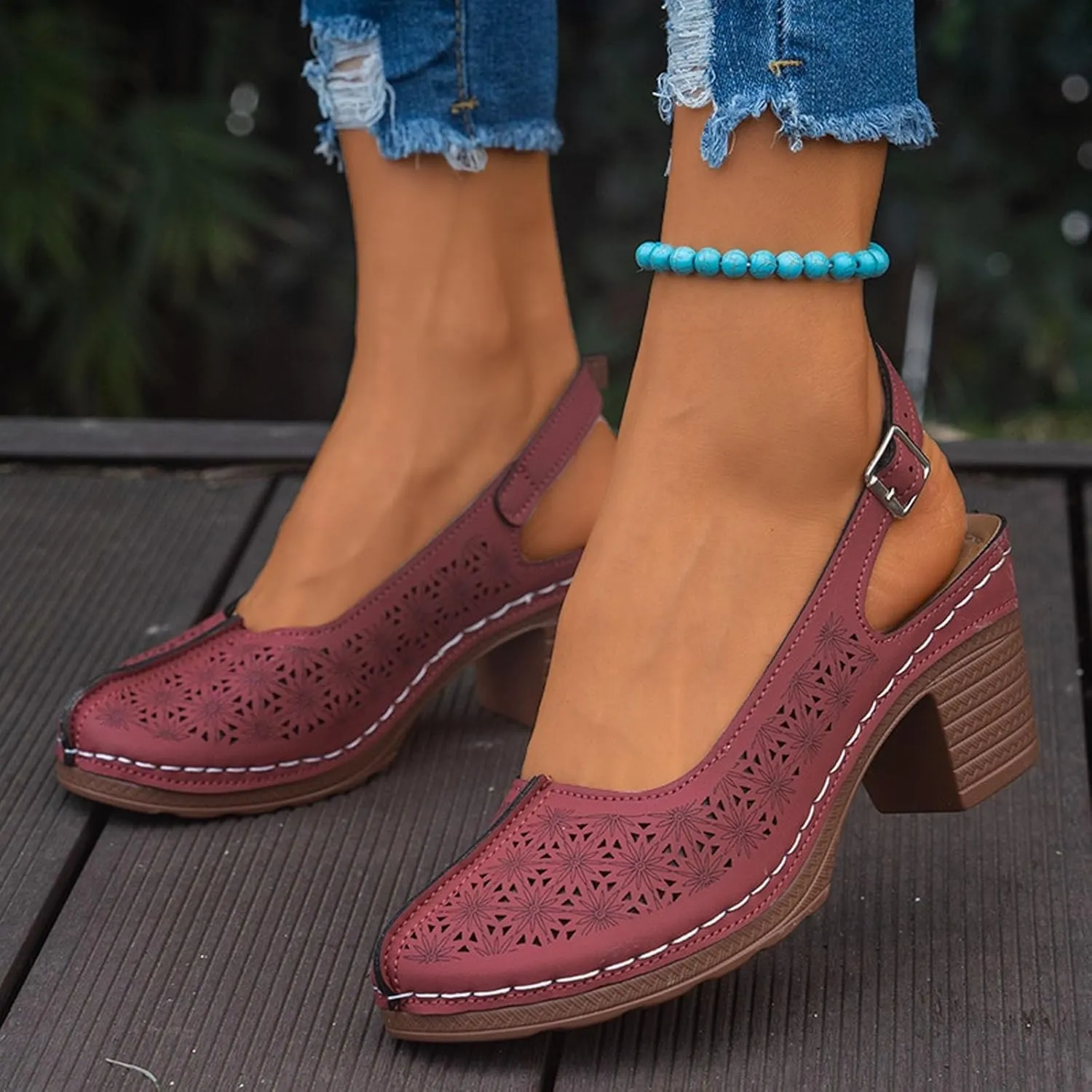 Chunky Heel Sandals for Women Closed Toe Buckle Ankle Strap Heeled Sandals Hollow Out Breathable High Heels, Summer Soft Comfortable Dress Shoes Slip On All Day Comfort