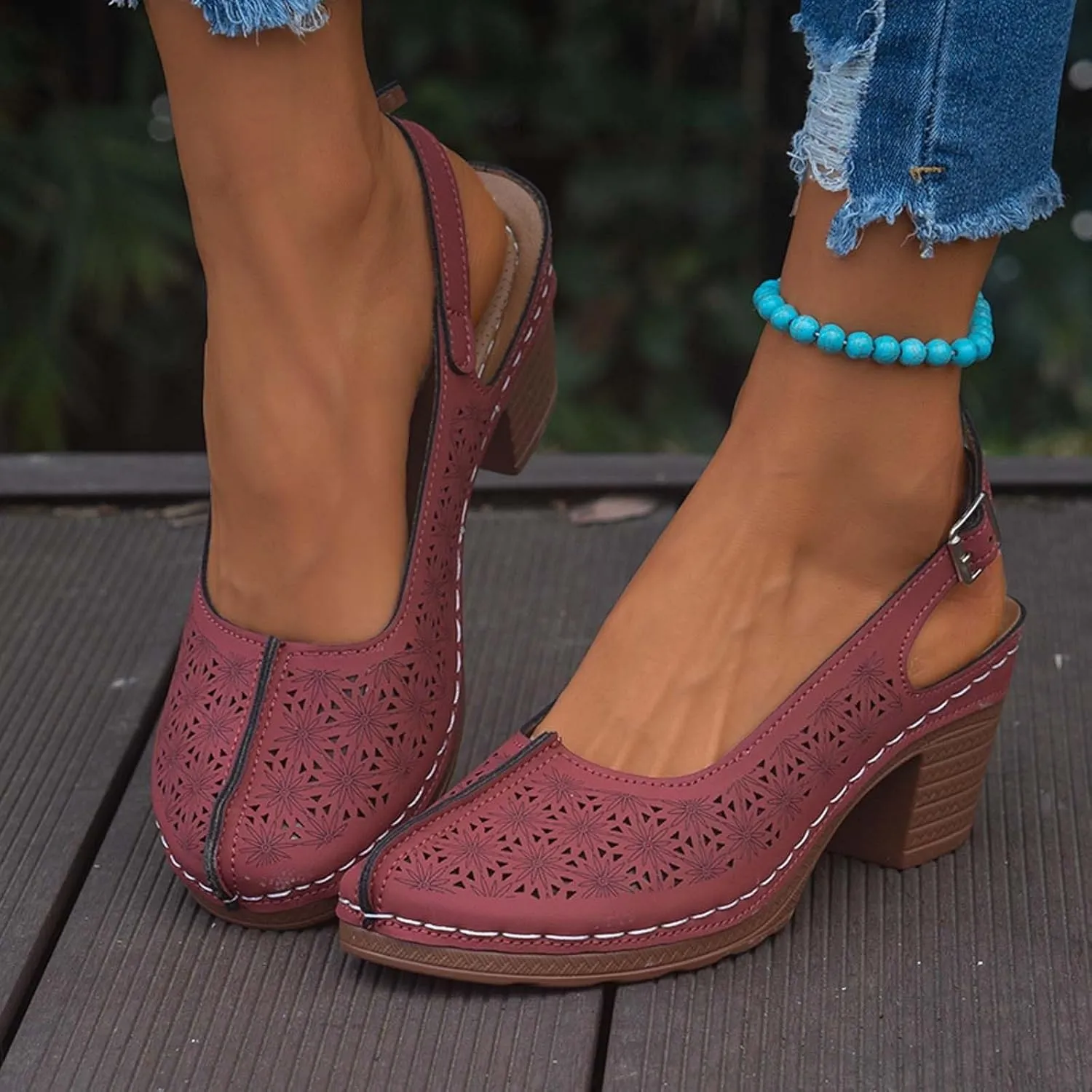 Chunky Heel Sandals for Women Closed Toe Buckle Ankle Strap Heeled Sandals Hollow Out Breathable High Heels, Summer Soft Comfortable Dress Shoes Slip On All Day Comfort