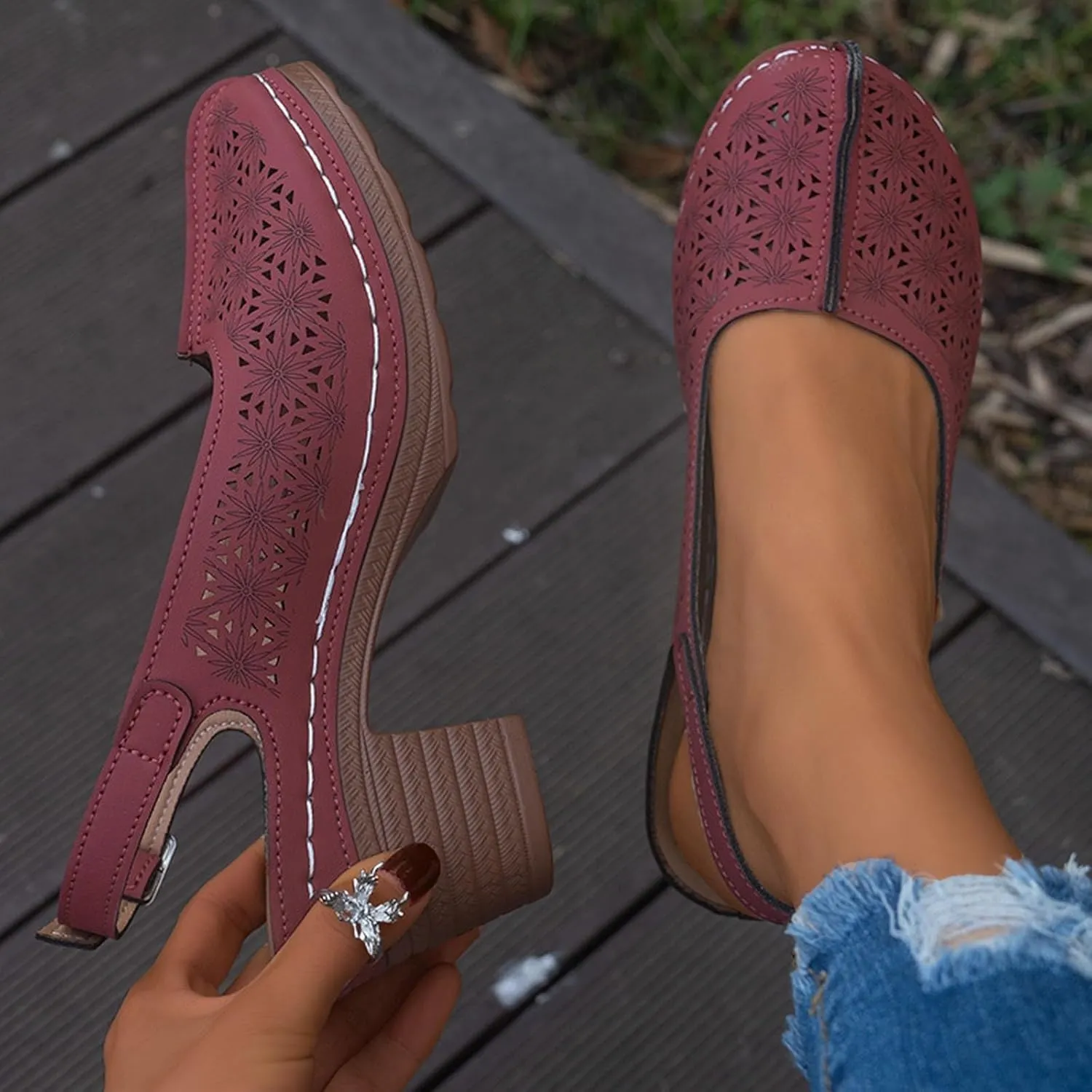 Chunky Heel Sandals for Women Closed Toe Buckle Ankle Strap Heeled Sandals Hollow Out Breathable High Heels, Summer Soft Comfortable Dress Shoes Slip On All Day Comfort