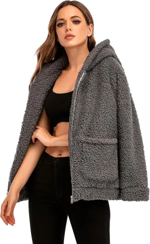 Comeon Womens Casual Coat Lapel Fleece Fuzzy Faux Shearling Zipper Hooded Warm Winter Oversized Jackets