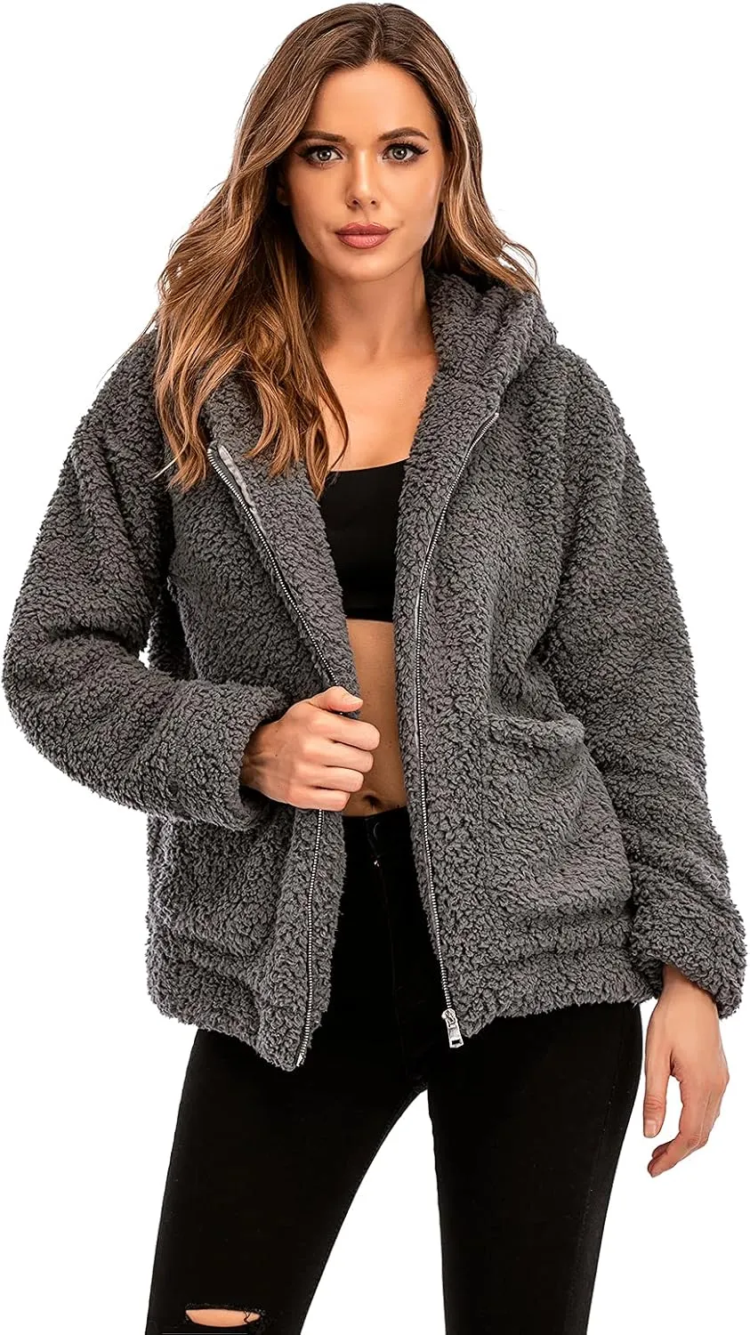 Comeon Womens Casual Coat Lapel Fleece Fuzzy Faux Shearling Zipper Hooded Warm Winter Oversized Jackets