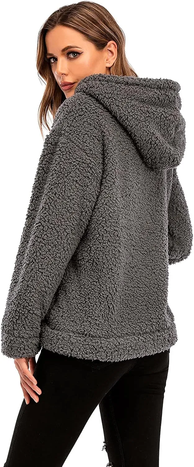 Comeon Womens Casual Coat Lapel Fleece Fuzzy Faux Shearling Zipper Hooded Warm Winter Oversized Jackets