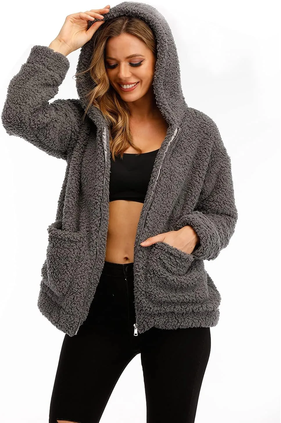 Comeon Womens Casual Coat Lapel Fleece Fuzzy Faux Shearling Zipper Hooded Warm Winter Oversized Jackets