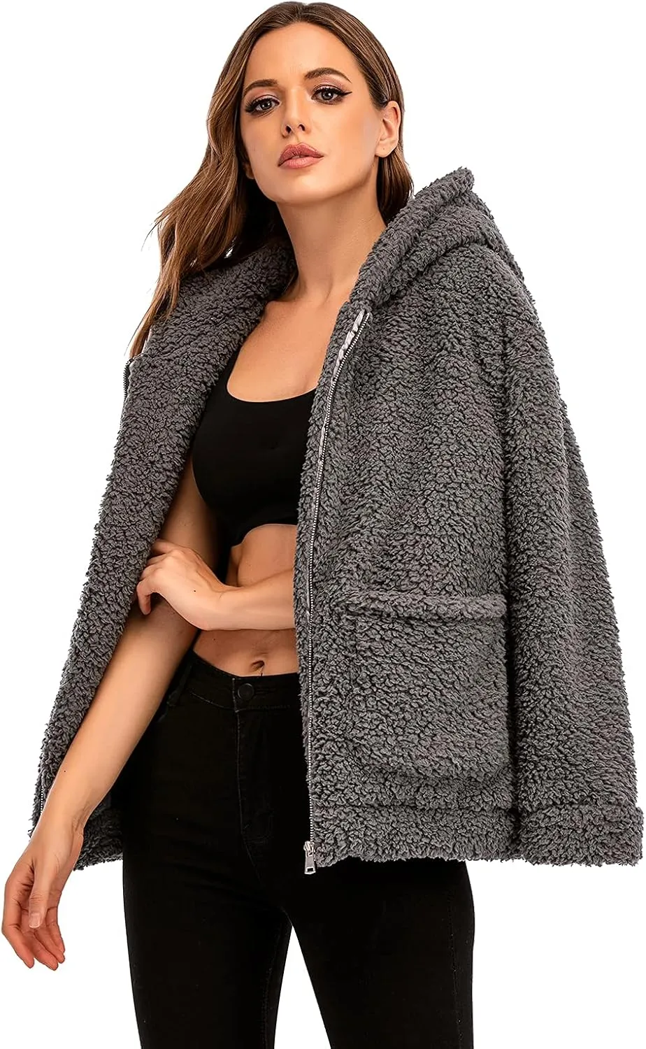 Comeon Womens Casual Coat Lapel Fleece Fuzzy Faux Shearling Zipper Hooded Warm Winter Oversized Jackets