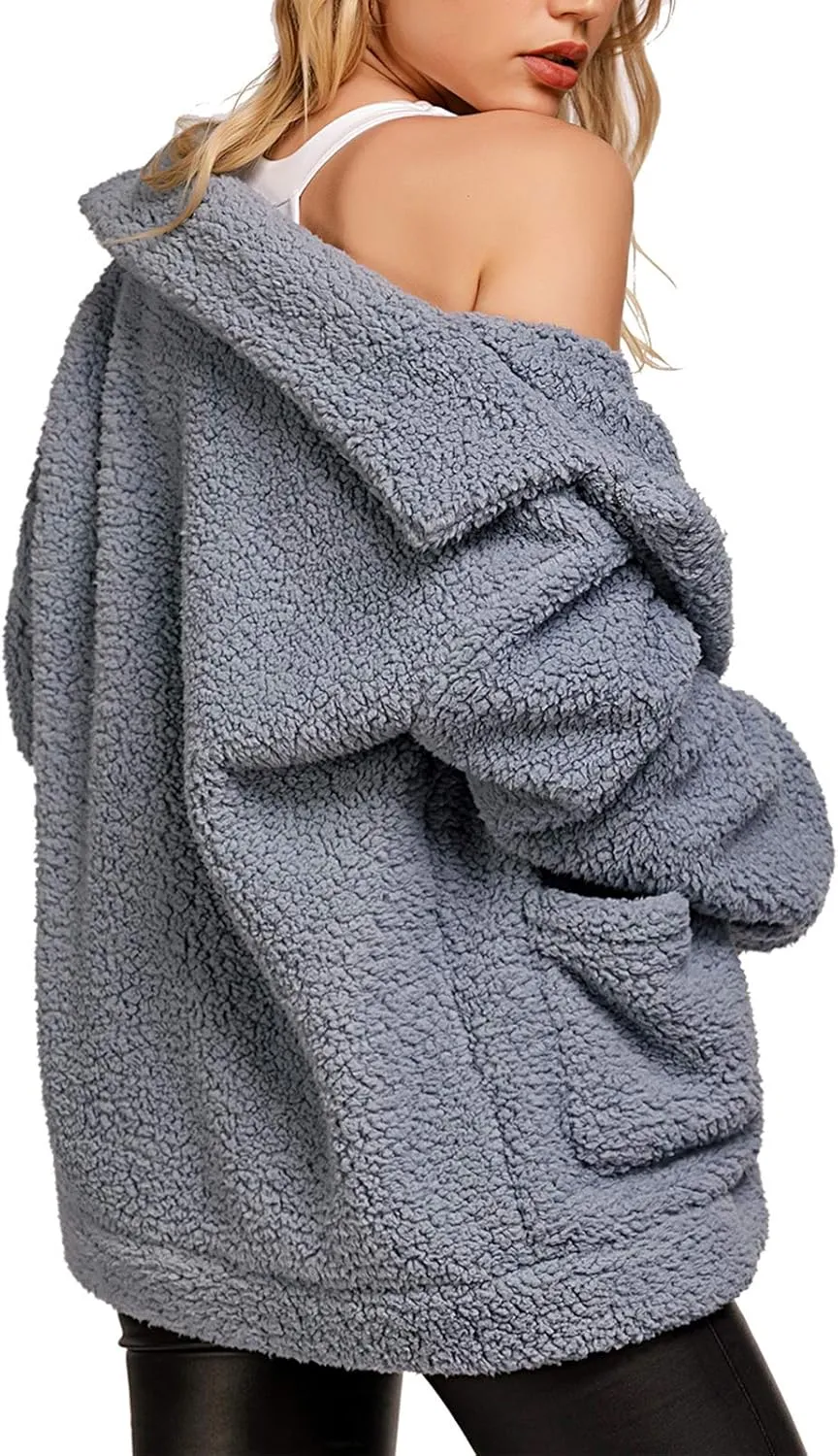 Comeon Women's Coat Casual Lapel Fleece Fuzzy Faux Shearling Zipper Coats Warm Winter Oversized Outwear Jackets