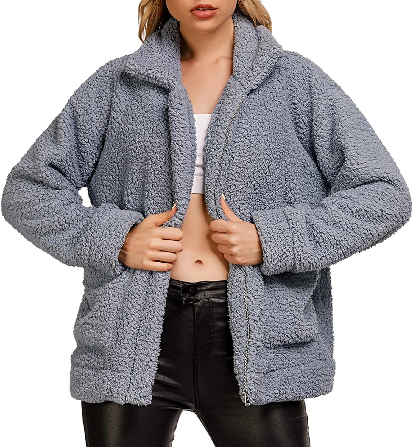 Comeon Women's Coat Casual Lapel Fleece Fuzzy Faux Shearling Zipper Coats Warm Winter Oversized Outwear Jackets
