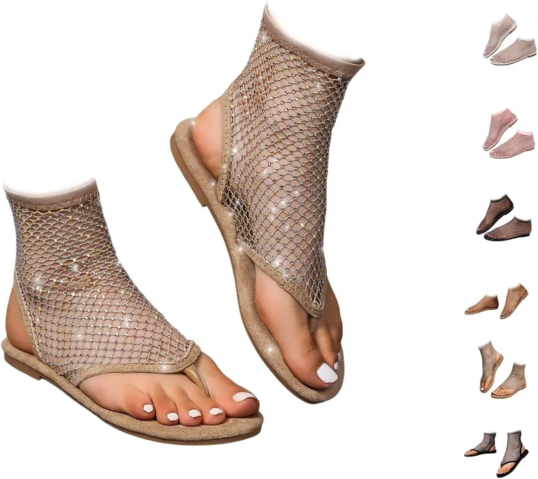 Comfortable Shiny Gem Mesh Flats,Ballet Flats for Women Sandals Women Dressy Summer Flat Shoes Slip On Sandals,Sexy Flat Cutout Sparkly Casual Wedding Dress Flats,Rhinestone Short Boots