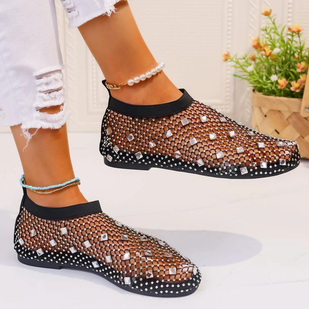 Comfortable Shiny Gem Mesh Flats,Ballet Flats for Women Sandals Women Dressy Summer Flat Shoes Slip On Sandals,Sexy Flat Cutout Sparkly Casual Wedding Dress Flats,Rhinestone Short Boots