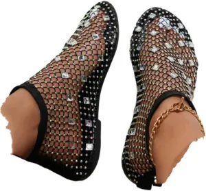 Comfortable Shiny Gem Mesh Flats,Ballet Flats for Women Sandals Women Dressy Summer Flat Shoes Slip On Sandals,Sexy Flat Cutout Sparkly Casual Wedding Dress Flats,Rhinestone Short Boots